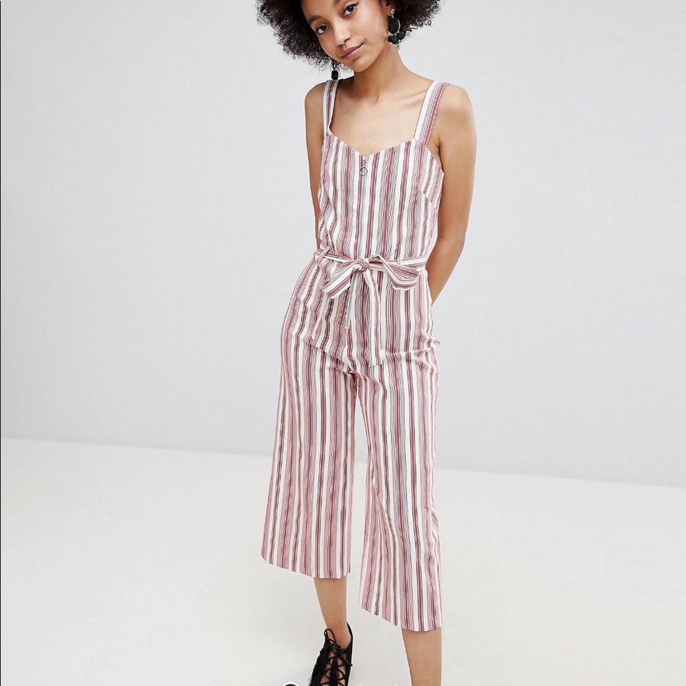Miss Selfridge zip up crop strappy jumpsuit in muted red and white stripe 10